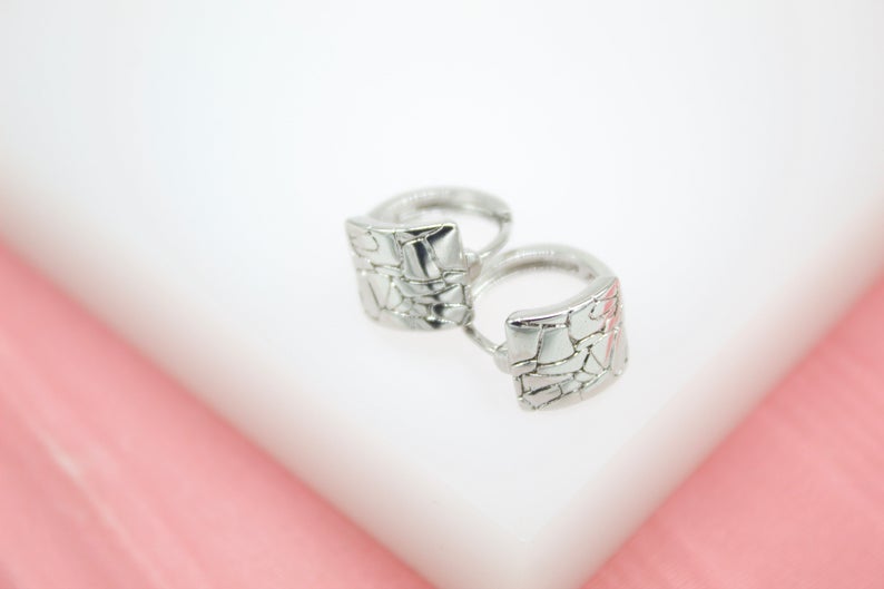18K Rhodium Filled Cracked Huggies Earrings (Style B)