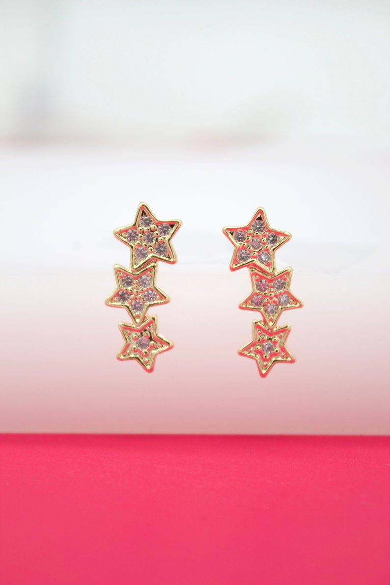 18K Gold Filled Triple Star Stud Earrings With Micro CZ Stones (L77)